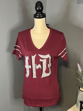 Harley-Davidson Burgundy V-Neck Tee with Logo Tags
